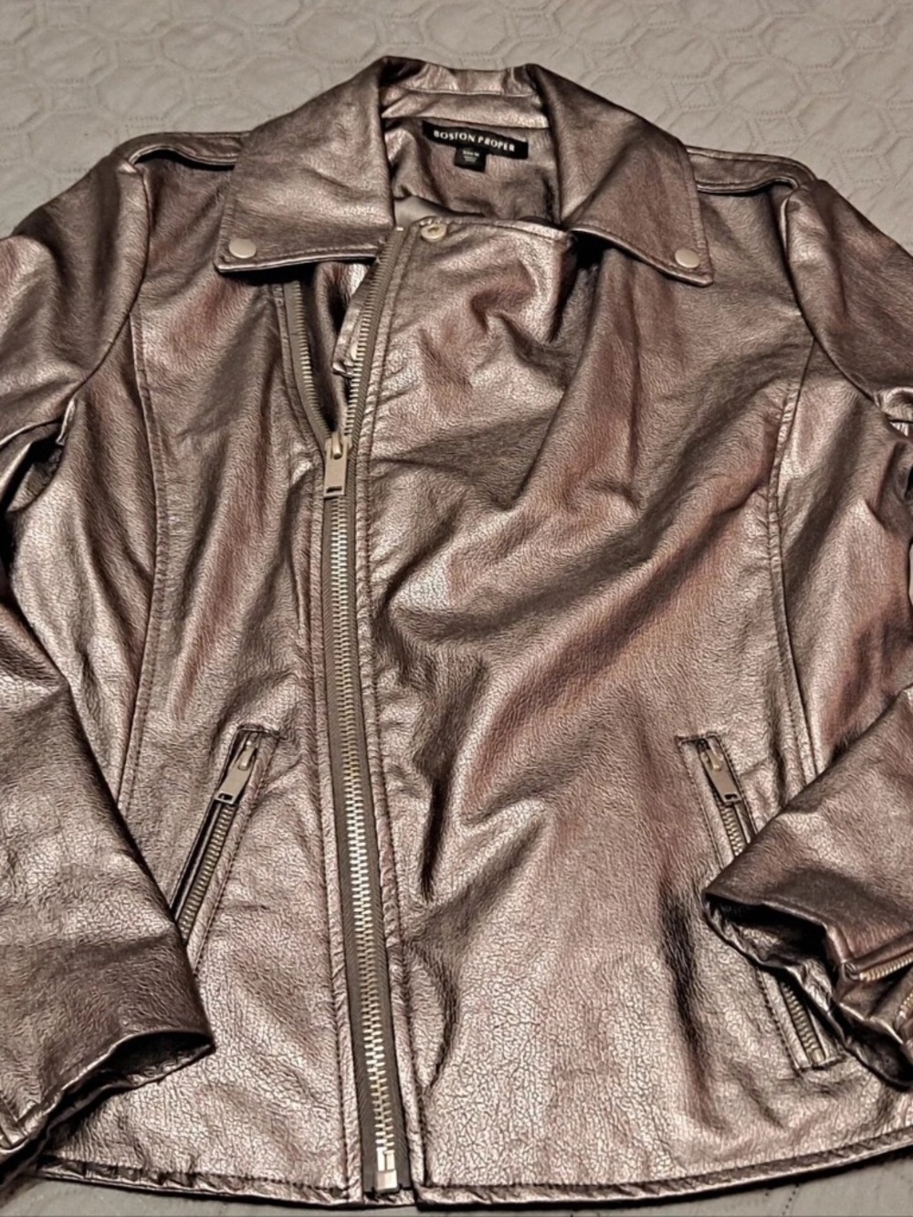 Boston Proper Silver Asymmetrical Zip Biker Jacket lot6386